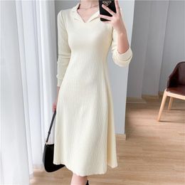 Casual Dresses Autumn Winter Thick V Neck Sweater Dress Elegant Women 2021 Long Female A-line Slim Sexy Knitted