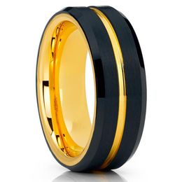 black tungsten wedding bands wholesale Canada - Wedding Rings Fashion Men's 8mm Gold Tungsten Carbide Ring & Black Matte Finish Beveled Edge Band Anniversary Jewelry