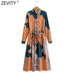 Zevity Women Vintage Leopard Patchwork Print Sashes Shirt Dress Office Ladies Long Sleeve Business Chic Split Vestido DS4681 210603