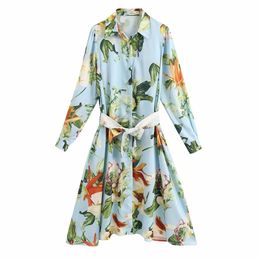 Vintage Stylish Floral Print Blue Bow Sashes Dress Women Fashion Turn-down Collar Dresses Elegant Ladies Chic Vestidos 210531