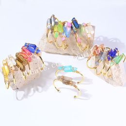 Handmade Wire Wrapped Titanium Coated Quartz Rough Sticks Spikes Bangle Irregular Colourful Natural Rock Crystal Points Bangles Bracelets Gold Plated Adjustable