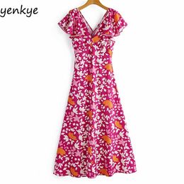 Summer Women V Neck Short Sleeve Floral Print Beach Dresses Lady High Waist A-line Casual Long Dress SYJZ456 210514