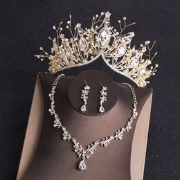 KMVEXO Costume Bridal Sets Rhinestone Crystal Gold Tiara Crown Earrings Necklace Wedding Bride Luxury Jewelry Set