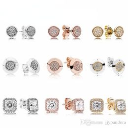 NEW 100% 925 Sterling Silver pandora square round rose gold Earrings Flower type Hollow Ear Studs charm Beads Fit Original DIY Dangler Wholesale factory