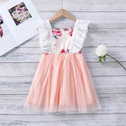 Summer Bowknot Flower Print Net Yarn Stitching Dress Mesh Princess Children's es Kids Clothes Girls 210528