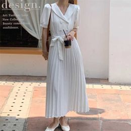 Gentle Retro Solid V-Neck Elegant Summer Vintage Party Sweet Office Lady Pleated Loose Women Chic Long Dresses 210525