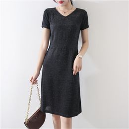 Summer Cotton Bright Silk Dress Women Elegant Fashion Office Lady V-neck Solid Short Sleeve Knitted 210520