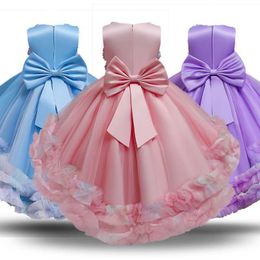 Wedding Girls Princess Dress Elegant Kids Flower Lace Mesh Long Tail Prom Gown For Children Evening Bridesmaid Tutu Vestidos Q0716