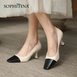 SOPHITINA Women Shoes Concise Stitching Genuine Leather Soft Thick Heel Shoes Shallow Mouth Square Head Office Lady Pumps AO176 210513