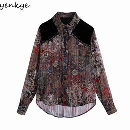 Vintage Velvet Print Patchwork Blouse Shirt Women Long Sleeve Lapel Collar Sexy Semi-Sheer Summer Ladies Shirts Plus Size 210514