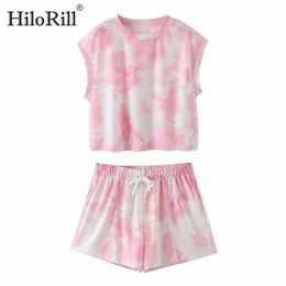 Women Tie Dye Print Two Piece Set Top And Shorts Summer Sleeveless T Shirt With Elastic Waist Multi Color Outfit 210508