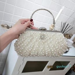 Designer-Evening Bags Elegant Diamonds Pearl Lady White Shell Clutch Purse Luxury Wedding Party Chain Shoulder Bag Dinner Handbag