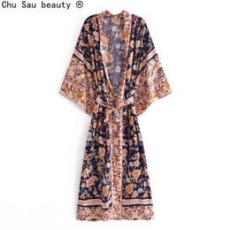 Spring Boho Style Loose Vintage Print V Neck Lace-Up Flare Sleeve Kimono Long Dress Female Fashion Chic 210508