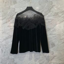 Mesh Lace Flower Stitching Velvet Shirt Womens Autumn European and American New Elegant Top 9Z