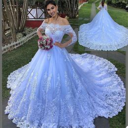 Gorgeous A Line Wedding Dresses Bateau Long Sleeves Chic Appliqued Lace Sweep Train Designer Spring Bridal Gowns Custom Made Robe de mariée