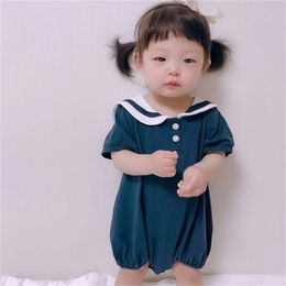 Summer baby boys girls fashion turn-down collar cute bodysuits kids cotton korean style short sleeve jumpsuit 210508