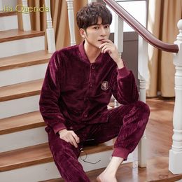Men's Sleepwear Pajamas Men Home Sleeping Suit Leisure Plus Size Flannel Button Cardigan Top Embroidery Badge Mens Winter Warm Homewear Clot