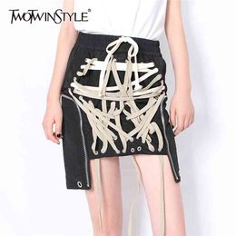Lace Up Bowknot Elastic High Waist Streetwear Skirts For Women Hollow Out Irregular Hem Skirt Female 210521