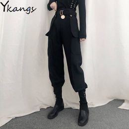 With Belt Button Pockets Slim Cargo Pants Women High Waist Vintage Harajuku Streetwear Harem Pants Gothic Qualities Pants Female 210319