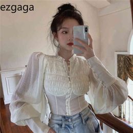 Ezgaga Vintage Elegant Chiffon See-through Women Blouse Fashion Puff Sleeve Crop Tops Ruched Slim Korean Chic Temperament Shirts 210430