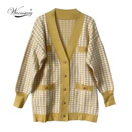 Casual Long Knitted Pink Cardigan Female Autumn Winter Drop Shoulder Sweater Coat Basic Button Women's Houndstooth Tops C-308 211011