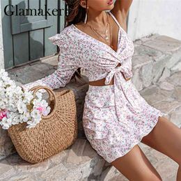 Glamaker Sexy one shoulder floral print 2 piece suits Women holiday ruffles mini dress Elegant crop top and skirt lady sets 210730