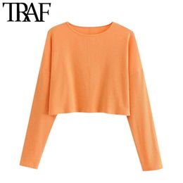 Women Fashion Loose Cropped Orange Knitted Sweater Vintage O Neck Long Sleeve Female Pullovers Chic Tops 210507