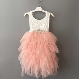 fashion toddler girls long lace dress with crystal sashes birthday 5 layers tutu children princess party vestido 210529