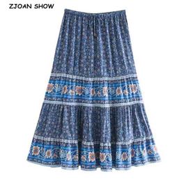 Bohemian Stream Flower Print Long Skirt Stitching Ruched Ruffle Hem Holiday Women Adjust Waist Swing Skirts Beach 210429