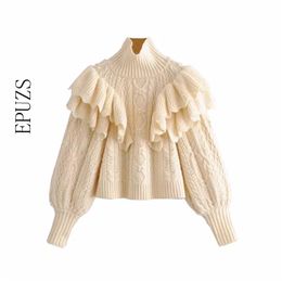 elegant ruffle turtleneck sweater women pullovers long sleeve knitted casual pull femme winter clothes 210521