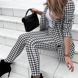 CM.YAYA Houndstooth Office Lady Pants Suit and Blazer Tops Matching Two 2 Piece Set Elegant Women Tracksuit Outfits Sweatsuit 220315