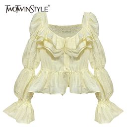 Patchwork Ruffle Shirt For Women Square Collar Long Sleeve Casual Blouse Female Fashion Clothing Stylish 210524