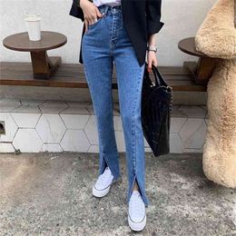 Blue Streetwear Split Jeans High Quality Stylish Fashion Chic Waist Women Casual Slender Denim Flare Pants 210922