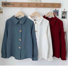 Autumn Korean Style Cotton Long-Sleeve Shirt Women Office Lady Solid Button Cardigan Blouse Tops Blusas 10796 210508