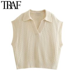 TRAF Women Fashion Oversized Knitted Vest Sweater Vintage Lapel Collar Sleeveless Female Waistcoat Chic Tops 210819