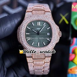 2022 TWF 5719 5711 Paved Diamonds 324SC A324 Automatic Mens Watch Green Texture Dial Stick Markers Fully Iced Out Rose Gold Diamond Bracelet Watches Hello_Watch