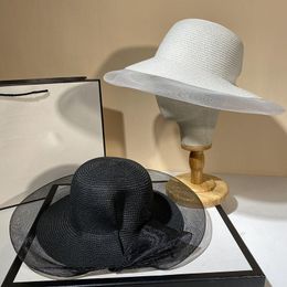 Elegant Lace Mesh Wide Brim Paper Straw Hat For Women Handmade Female Summer Beach Sun Wedding Top Fedora Hats