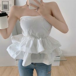 Vintage Summer Ladies Sexy Solid Colour Strapless Tops Women Elegant Fashion Two Layer Ruffle Short Chic Shirts Female 210519
