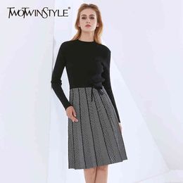 TWOTWINSTYLE Patchwork Striped Knitting Dress For Women Stand Collar Long Sleeve Lace Up Bowknot Elegant Dresses Female 210517