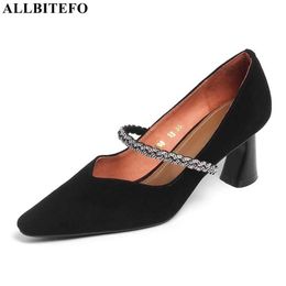 ALLBITEFO Beautiful ribbon design sheepskin genuine leather high heel shoes women heels shoes thick heel street walking shoes 210611