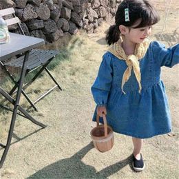 Spring Arrival Girls Long Sleeve Denim Dress Kids Korean Design Dresses Girl Clothes 210528