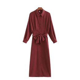 Elegant Women Solid Brown Dresses Fashion Ladies Bow Sashes Dress Vintage Female Chic Turn Down Collar Button Vestidos 210427