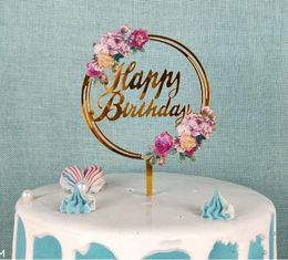 Acrylic Cake Toppers Happy Birthday Cakes Topper Party Supplies Gold Flower Topper for Various Anniversary Decorations CCA12387