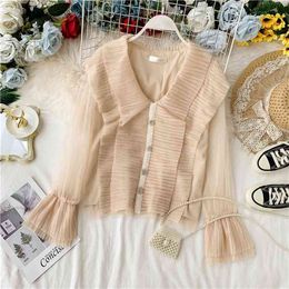 Women's Spring Autumn Shirt Fashion Flare Long-sleeved Blouse Loose Single-breasted Mesh Ruffle Tops ML734 210506