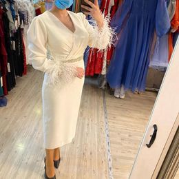 Feather Long Sleeve Mother's Dresses Sheath Tea Length Satin Mother of the Bride Dress Cystal Belt Formal Evening Party Gowns