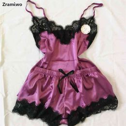 Women's Sleepwear Sexy Satin Pajama Set Black Lace V-Neck Pyjamas Sleeveless Cute Cami Top and Shorts 210830