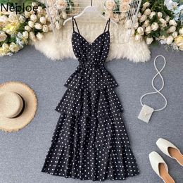 Neploe Polka Dot Ruffles Dress Women Sexy V Neck Sleeveless Camis Ladies Vestidos Summer Elegant High Waist Female Dresses 210423