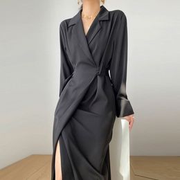 Sólido elegante vestido mulheres outono bandage midi split vestido senhora designer casual estilo coreano estilo um vestido feminino 210325
