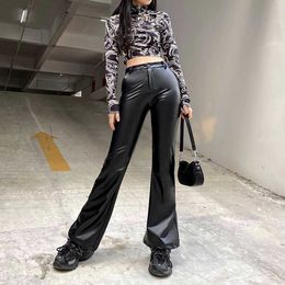 Cyber Y2k Flare Pants Sweatpants PU Leather Wide Pant Vintage For Women Hot Aesthetic Capri Black High Waist Harajuku Trouser Q0801