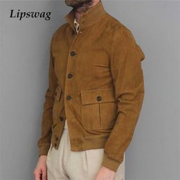 Vintage Buttoned Stand Collar Solid Jackets Men Autumn Winter Fashion Patch Pockets Coats Mens Casual Long Sleeve Outerwear 211217